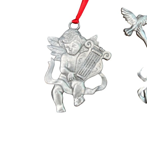 Seagull Pewter Angel & Cherub Christmas Ornaments Set Of 3 Red Ribbon Canada - Picture 2 of 12